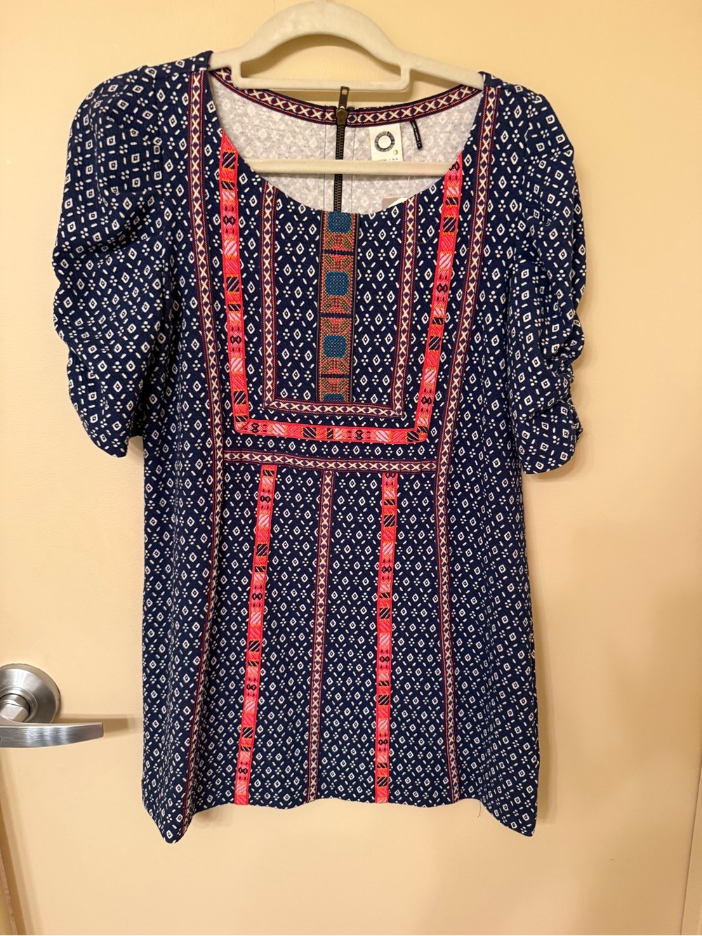NWT Anthropologie Navy Patterned Tunic with Coral Embroidered Panels